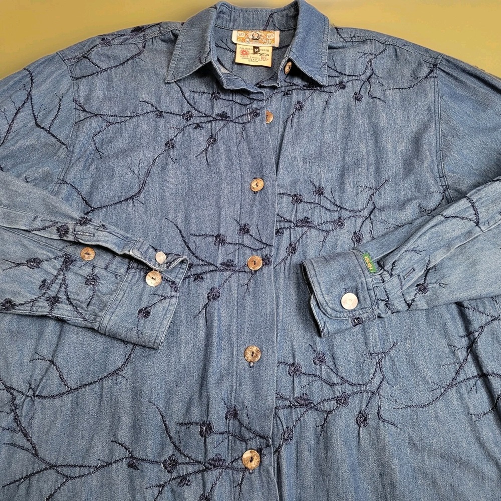 Vintage Gene Ewin BIS Shirt Womens M Wrinkled Rich Denim Embroidered 90's USA